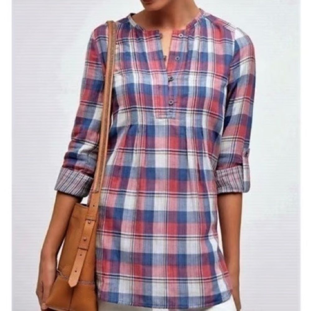Holding Horses Women's Plaid Tunic Top Size 2 Pink Blue Long Sleeve Cotton